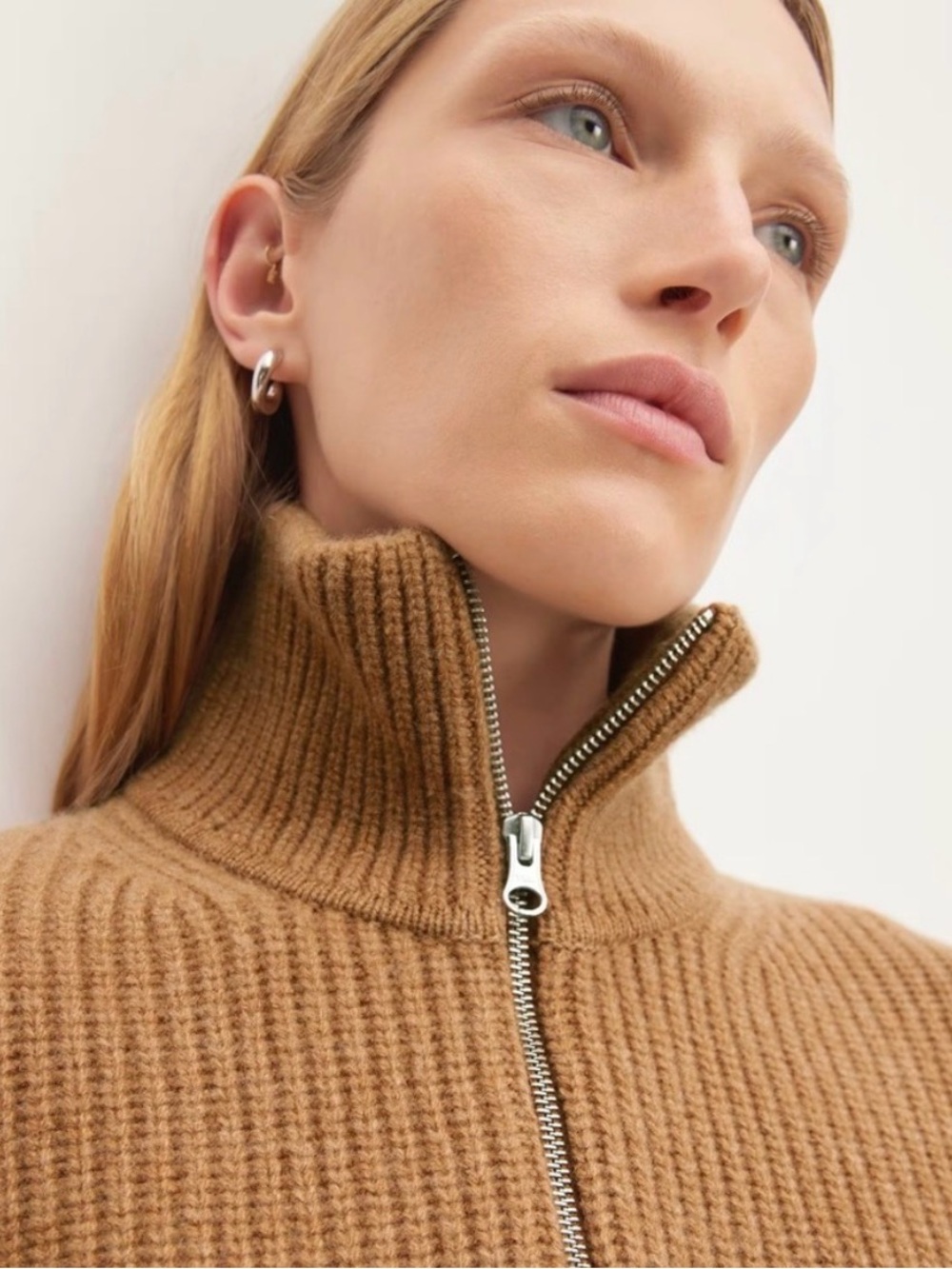 Everlane Camel Ribbed Zip Turtleneck Sweater